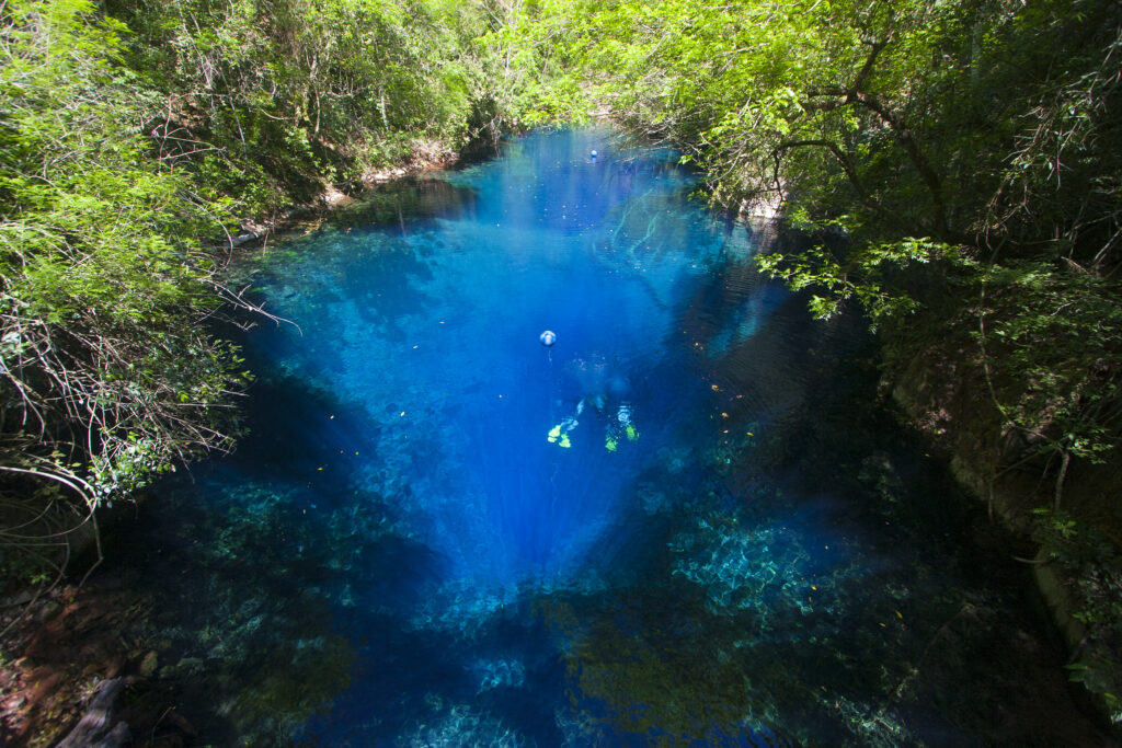 Mergulho com cilindro nas águas cristalinas da Lagoa Misteriosa.